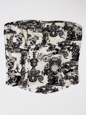 Black White Baroque Toile Print Strapless Tube Top Corset Style Coquette Y2K